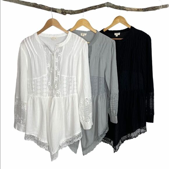 LACE Trim Top W/ China Collar & Shark-bite  Hem - Picture 3 of 10